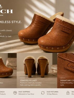 Coach Tan Brown Shearling-Trim Leather Clog Heels